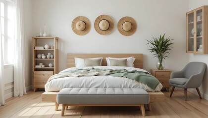 Minimalist bedroom interior design with light wood furniture, a comfortable bed, and stylish decor, creating a serene and peaceful atmosphere