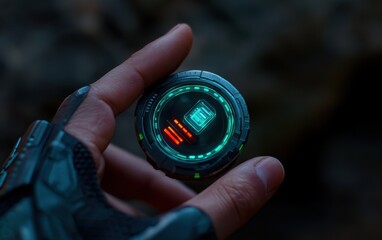 A gloved hand delicately holds a small, futuristic disc displaying glowing teal and red circuitry, suggesting technological advancement within a dark, natural setting
