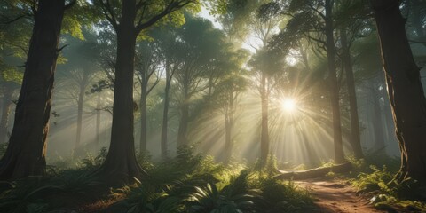 Sun rays pierce the canopy, creating a magical forest panorama ,  morning,  foliage,  view