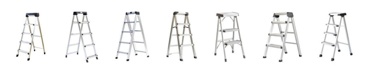 Collection of various height adjustable metal ladders. isolated on transparent background
