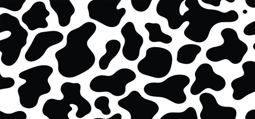 Vector cow print pattern background. Black irregular patches on white backdrop. Abstract cow skin or fur texture. Hand drawn design. Farm animal print