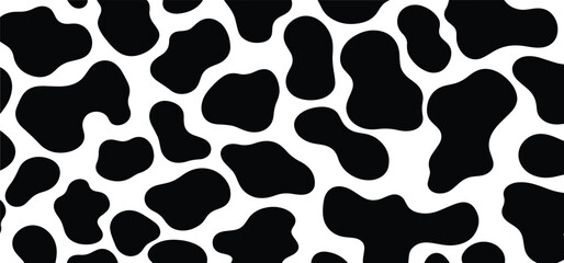 Vector cow print pattern background. Black irregular patches on white backdrop. Abstract cow skin or fur texture. Hand drawn design. Farm animal print