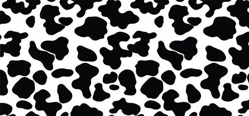 Vector cow print pattern background. Black irregular patches on white backdrop. Abstract cow skin or fur texture. Hand drawn design. Farm animal print