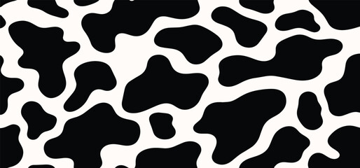Vector cow print pattern background. Black irregular patches on white backdrop. Abstract cow skin or fur texture. Hand drawn design. Farm animal print