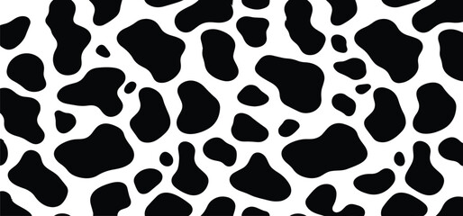 Vector cow print pattern background. Black irregular patches on white backdrop. Abstract cow skin or fur texture. Hand drawn design. Farm animal print