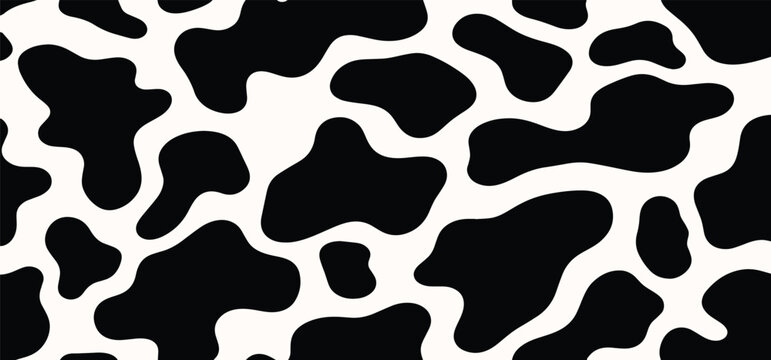 Vector cow print pattern background. Black irregular patches on white backdrop. Abstract cow skin or fur texture. Hand drawn design. Farm animal print