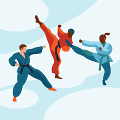 Martial Arts Vector Illustration – Dynamic and Powerful Design Featuring Combat Poses, Traditional Uniforms, and Fighting Techniques

