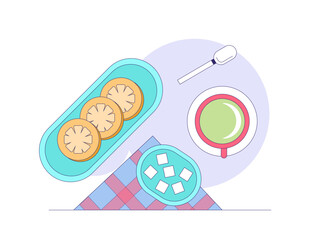 Tea and some snacks are served on the table. Tea illustration. Flat outline vector illustration concept.	