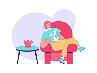 Girl sitting while drinking tea. Tea illustration. Flat outline vector illustration concept.	