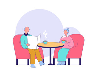 Grandpa and Grandma are chatting while drinking tea. Tea illustration. Flat outline vector illustration concept.	