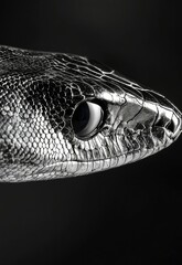 Fototapeta premium A close-up of a sleek black mamba's eye, its glossy scales reflecting the faint light against a dark backdrop. Stock