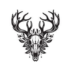 Deer Skull with Antlers &ndash; Bold Black and White Line Art Vector Illustration

