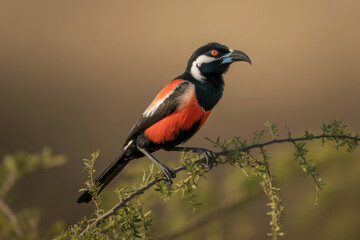 Fototapeta premium Crimson-breasted Gonolek Perched on a Branch
