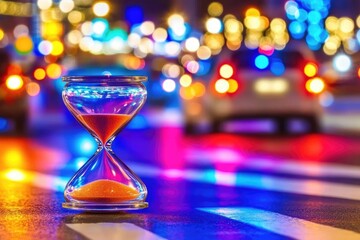 Hourglass on city street at night