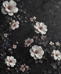 Dark charcoal floral wallpaper, delicate blossoms & vines, elegant background , nature, wallpaper
