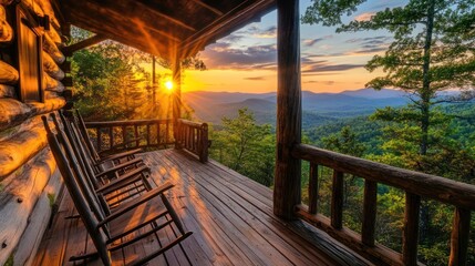 Rustic porch at sunset over Appalachian mountains