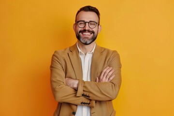 Photo of business man doing crossed arm pose surprised clothing apparel.