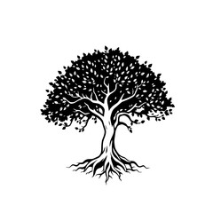 Ancient Tree of Life: A striking monochrome illustration depicts a majestic tree with sprawling roots and lush foliage, symbolizing growth and strength.