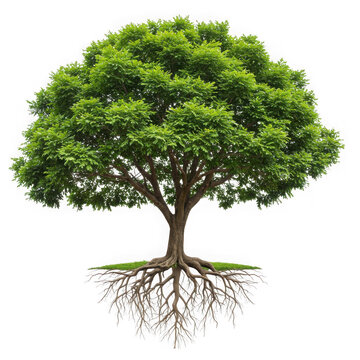 Isolated tree with green leaves and exposed roots on a transparent background