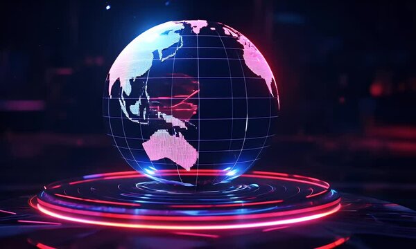3D render of the planet Earth spinning on a purple background with a pink neon ring around it - Powered by Adobe