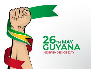 Vector illustration of Happy Independence Day greeting card for the country of Guyana with clenched fists and a flag ribbon. Use for banners on a white background