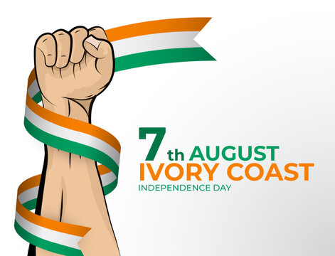 Vector illustration of Happy Independence Day greeting card for the country of Ivory Coast with clenched fists and a flag ribbon. Use for banners on a white background