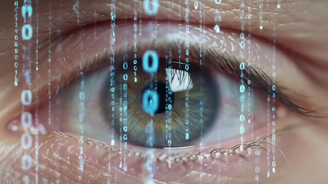 Human Eye Displaying Digital Binary Code Overlay Close Up