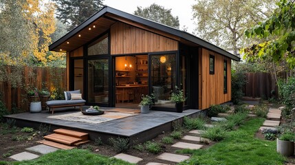 Modern wooden cabin with black trim and large sliding glass doors leading to an outdoor patio area