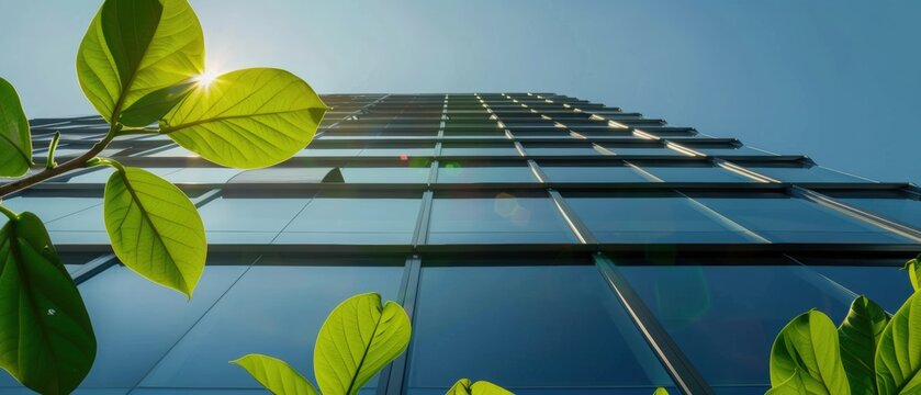 Modern eco friendly corporate office building with sustainable architectural design and green technology innovations, designed to support carbon neutrality and urban environmental efficiency