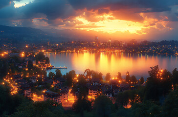 Beautiful Cityscape At Sunset With Lake Reflections And Moody Cloudy Sky