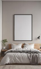Large empty frame mockup on bedroom wall above bed, minimalist style,  stylish,  modern