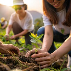 A multinational group planting trees during a sustainable reforestation initiative in a lush green landscape, working together to restore the environment and promote community-driven climate action