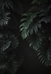 Dark, lush tropical leaves and vines, shadows on black , forest, dark green, illustration