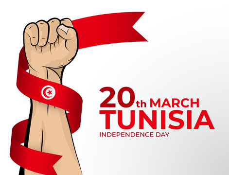 Vector illustration of Happy Independence Day greeting card for the country of Tunisia with clenched fists and a flag ribbon. Use for banners on a white background