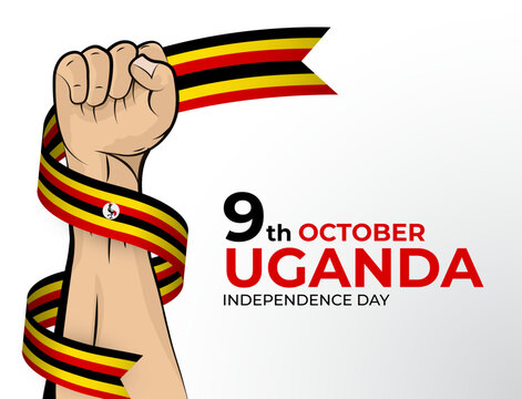 Vector illustration of Happy Independence Day greeting card for the country of Uganda with clenched fists and a flag ribbon. Use for banners on a white background
