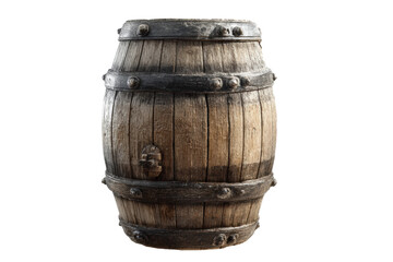 Obraz premium Rustic wooden barrel with metal bands on black background, cut out