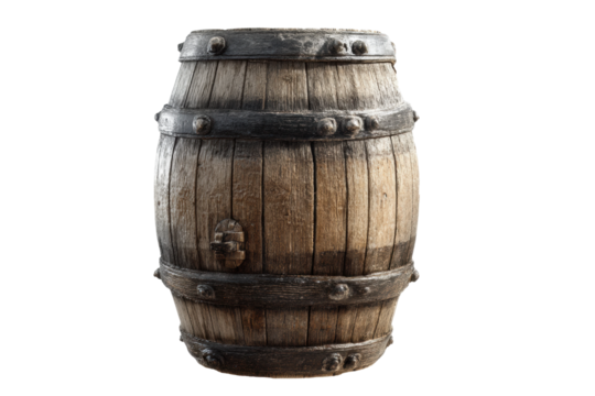 Rustic wooden barrel with metal bands on black background, cut out