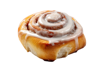 Delicious iced cinnamon roll on black background, cut out