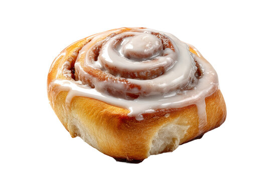 Delicious iced cinnamon roll on black background, cut out