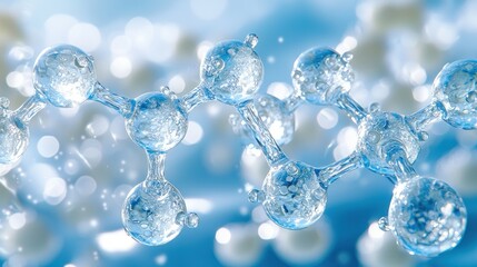 3D model of molecules, light blue bokeh