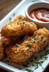 A close-up of crispy mozzarella sticks with marinara sauce on the side, freshly fried. Stock