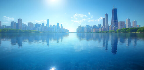 Obraz premium Chicago Skyline Reflected In Lake Michigan On A Sunny Day Urban Landscape