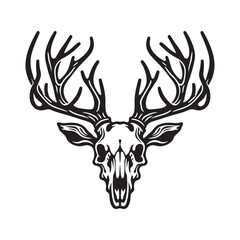 Deer Skull with Antlers &ndash; Bold Black and White Line Art Vector Illustration

