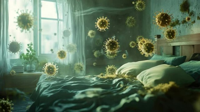 Cozy bedroom interior with floating particles resembling bacteria and viruses, serene atmosphere with natural light 4k video footage