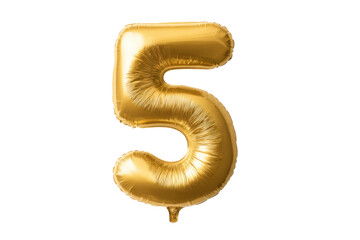 Golden number five balloon on black background, cut out