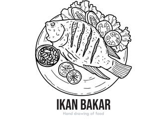 hand drawn vector illustration of Indonesian food grilled fish