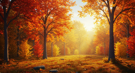 Fototapeta premium Autumnal Trees Glow in Forest, Casting Warm Light on Ground with Fallen Leaves