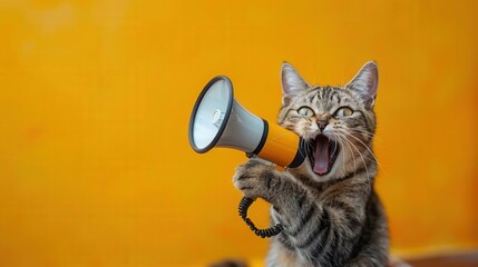A curious tabby cat uses a megaphone to announce something important on a bright yellow backdrop.