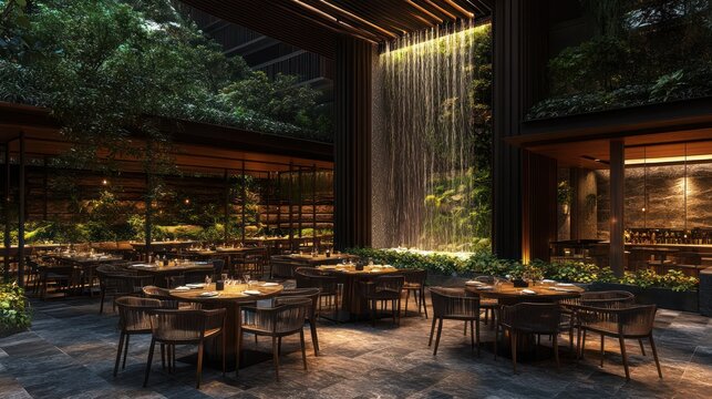 Indoor restaurant with a lush, vertical waterfall.  Interior design with a natural theme