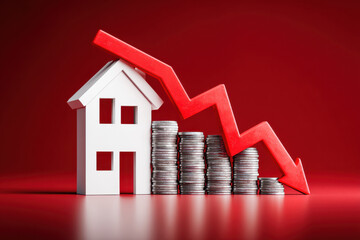 Declining real estate market visual with falling chart and house representing property value decrease and financial instability